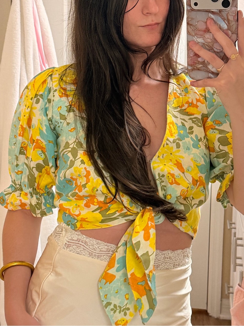 Faithfull the Brand Yellow, Aqua & Orange Floral Top